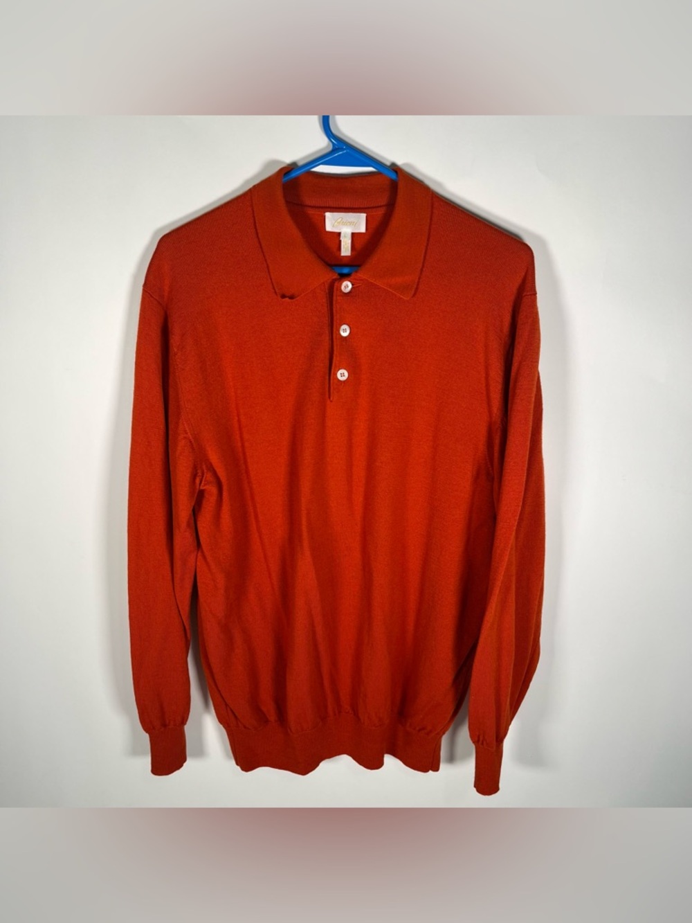 Brioni Men’s 100% Wool Polo Longsleeve Sweater Made In Italy Orange Size Large